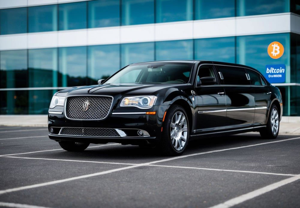 A sleek, black limousine parked outside a modern office building with a Bitcoin logo displayed prominently on the payment terminal