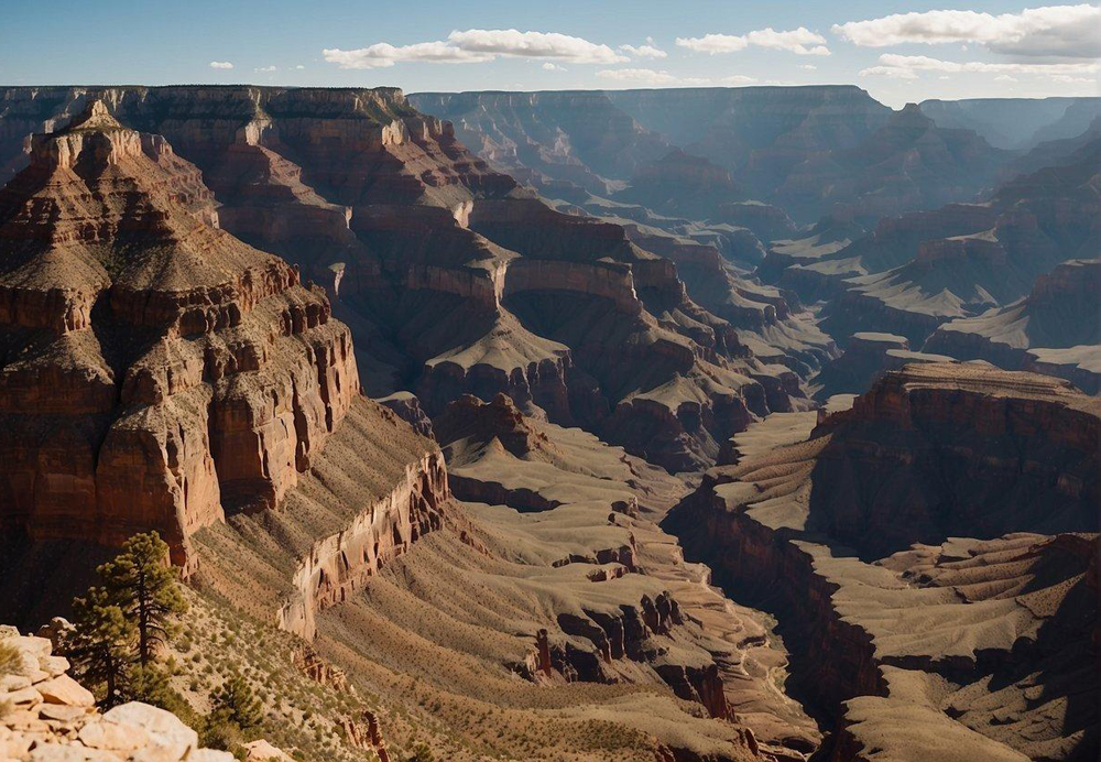 A majestic view of the Grand Canyon's South Rim, with the rugged terrain and colorful rock formations stretching out into the distance. The sunlight casts dramatic shadows and highlights, showcasing the natural beauty of the landscape