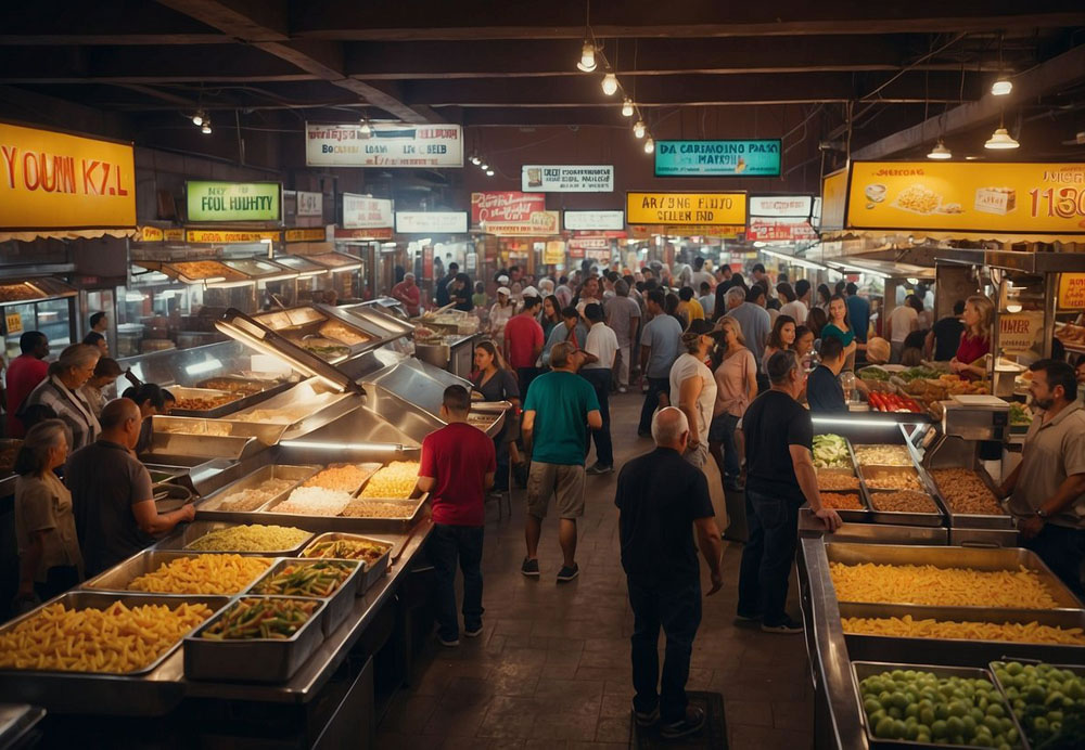 A bustling food market with colorful signs and bustling crowds in Phoenix, Arizona. Various dishes are being prepared and served at different food stalls